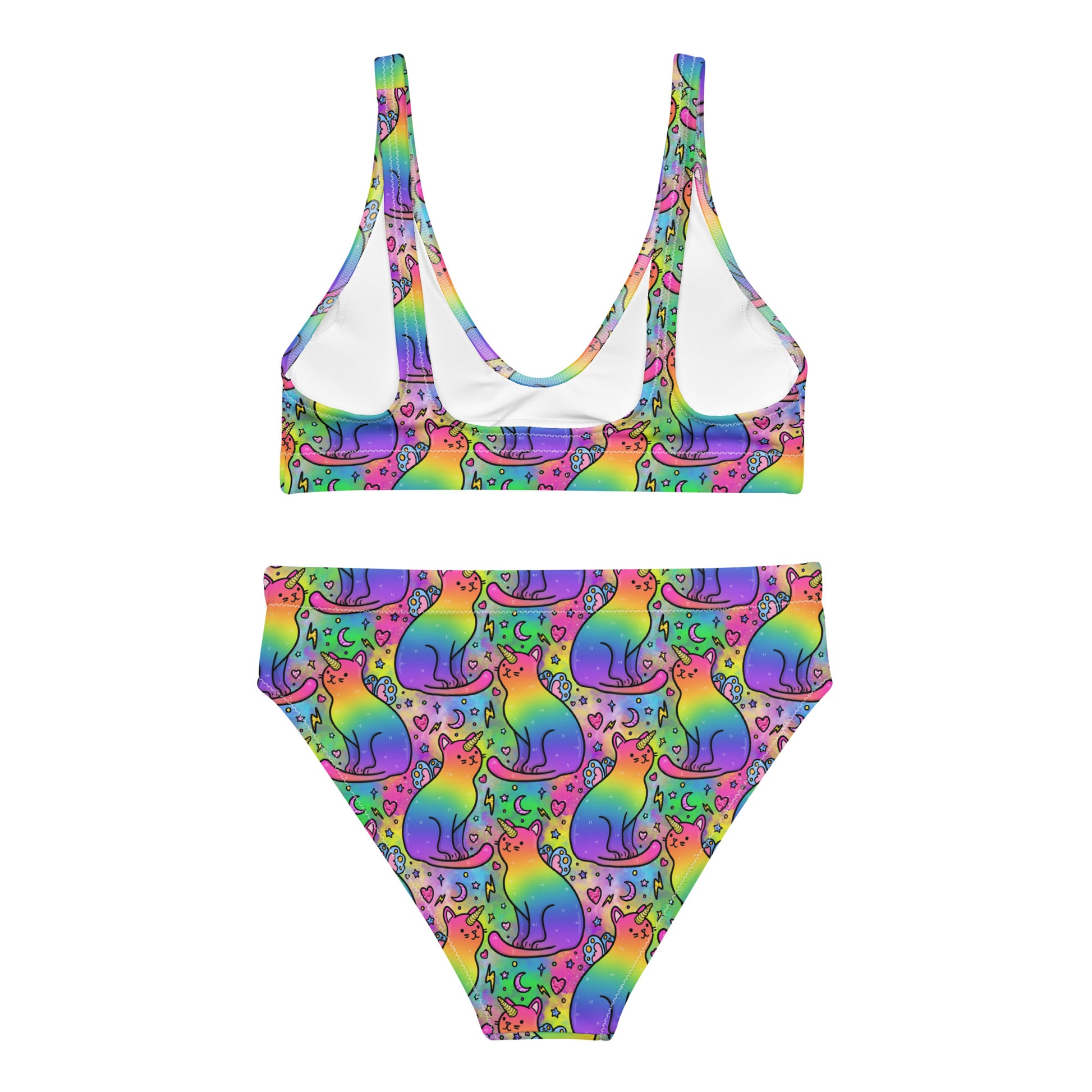 Recycled high-waisted bikini with rainbow unicorn cats print from Printful, shown from the back with a white background.