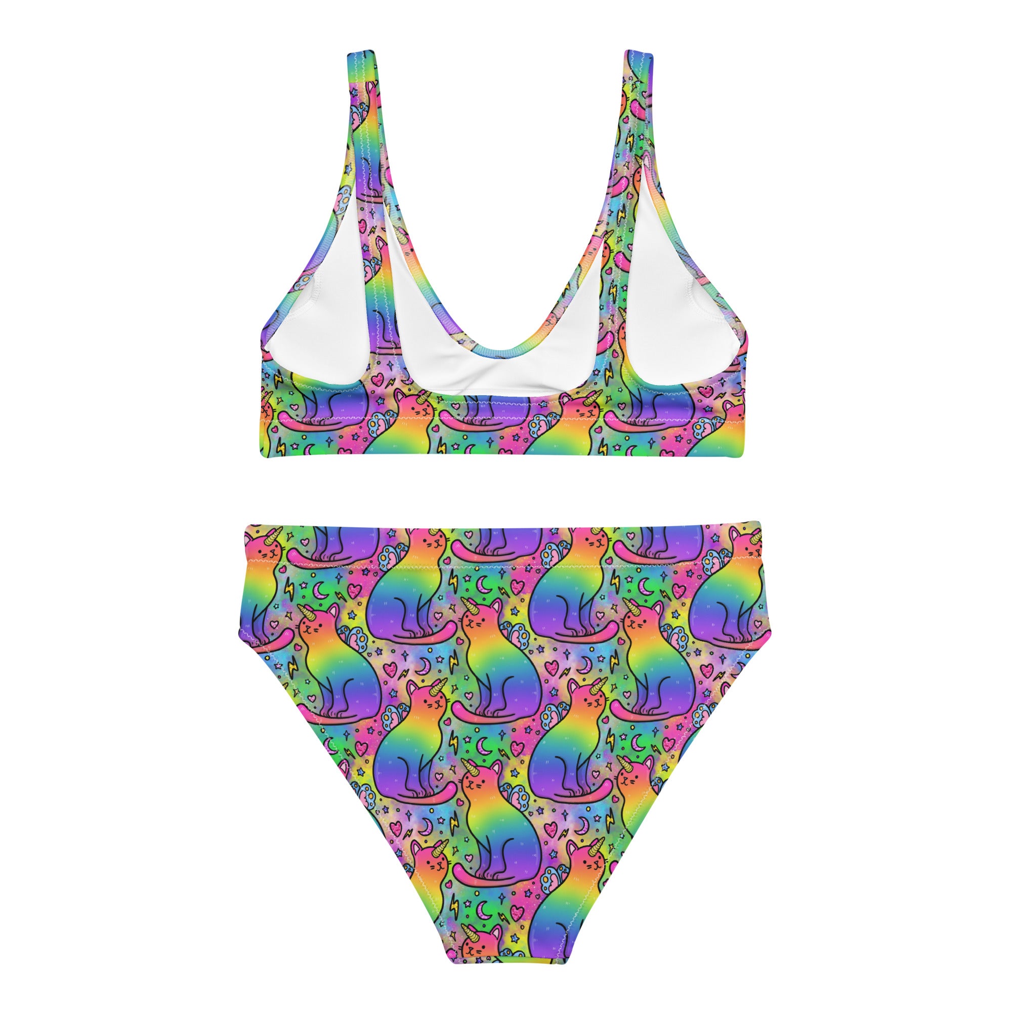 Recycled high-waisted bikini with rainbow unicorn cats print from Printful, shown from the back with a white background.