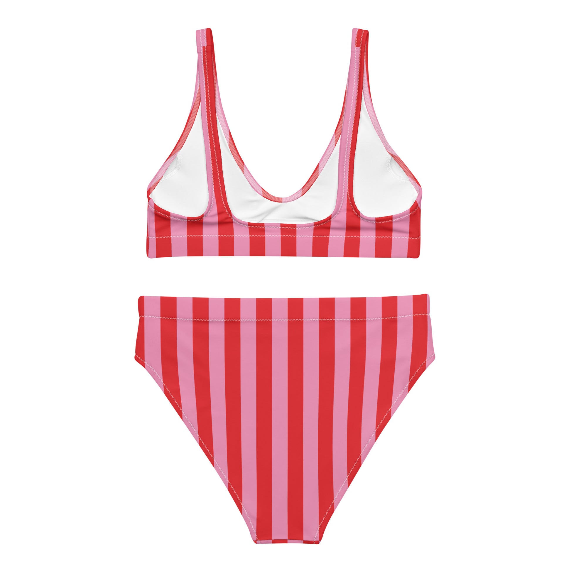 Printful recycled high-waisted bikini in pink and red stripes, with a white back, available in XS to 3XL.