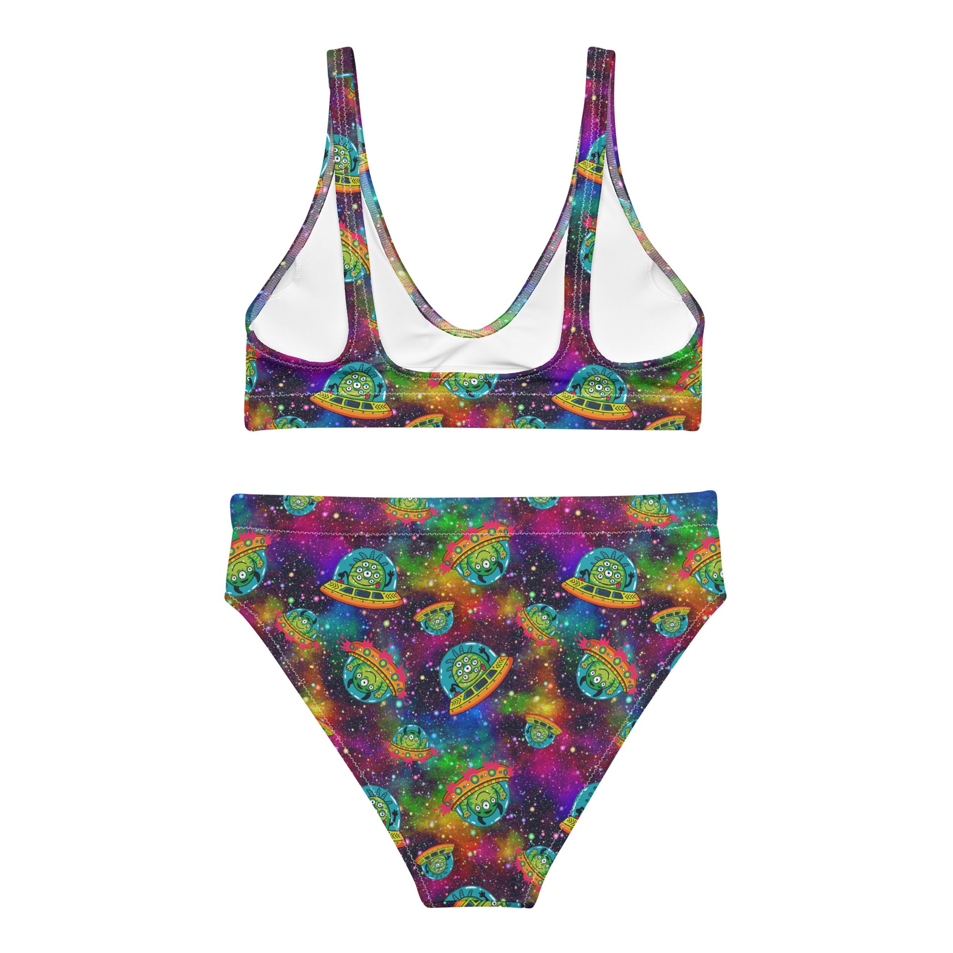 Recycled high-waisted bikini with space alien print on white background, featuring colorful space-themed design and full coverage.
