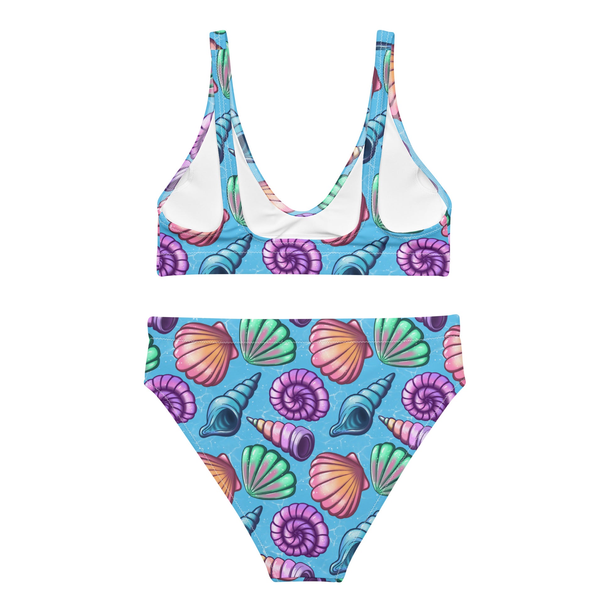 Recycled high-waisted bikini with seashell print, white back, from Printful, available in XS to 3XL, shown from the back view