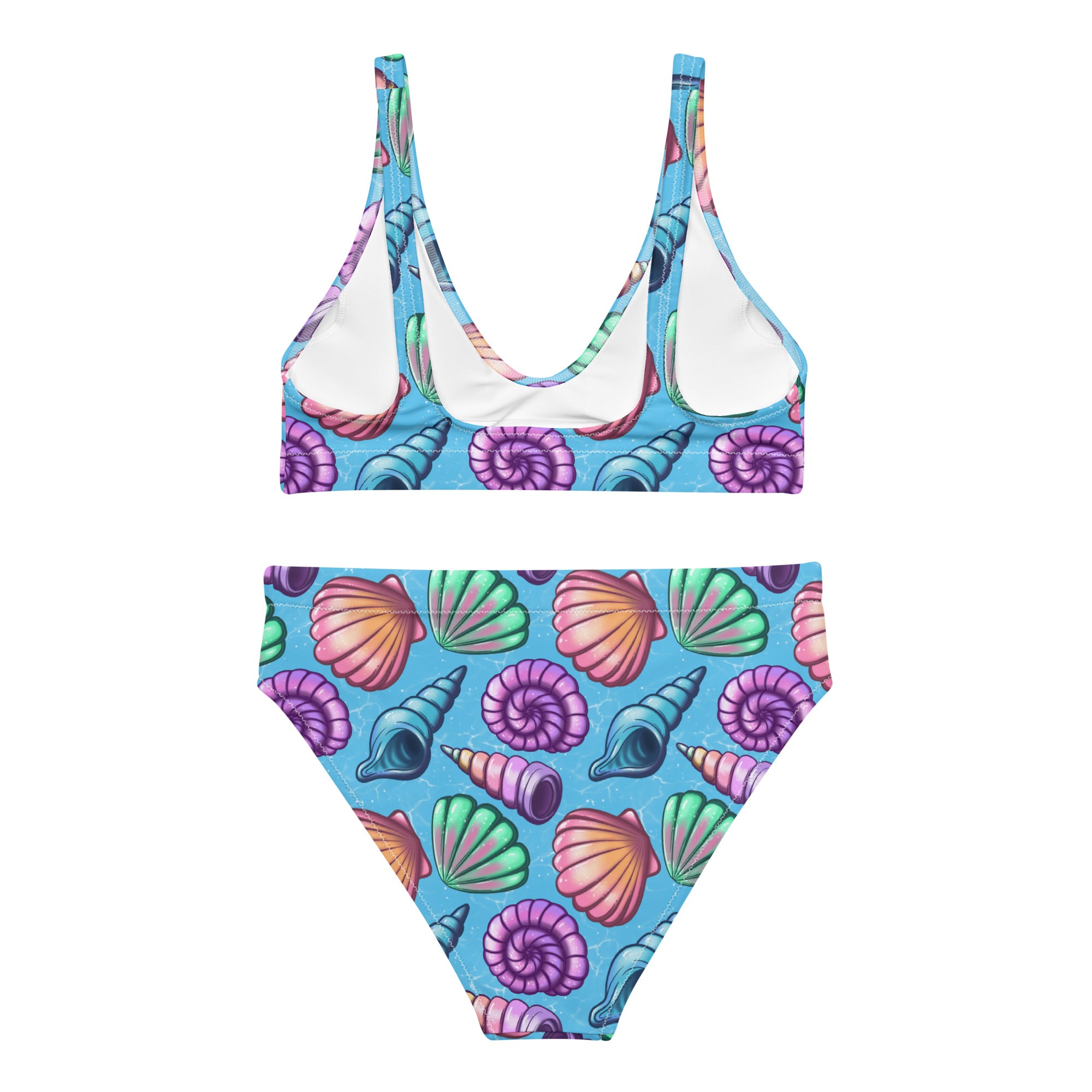 Recycled high-waisted bikini with seashell print, white back, from Printful, available in XS to 3XL, shown from the back view