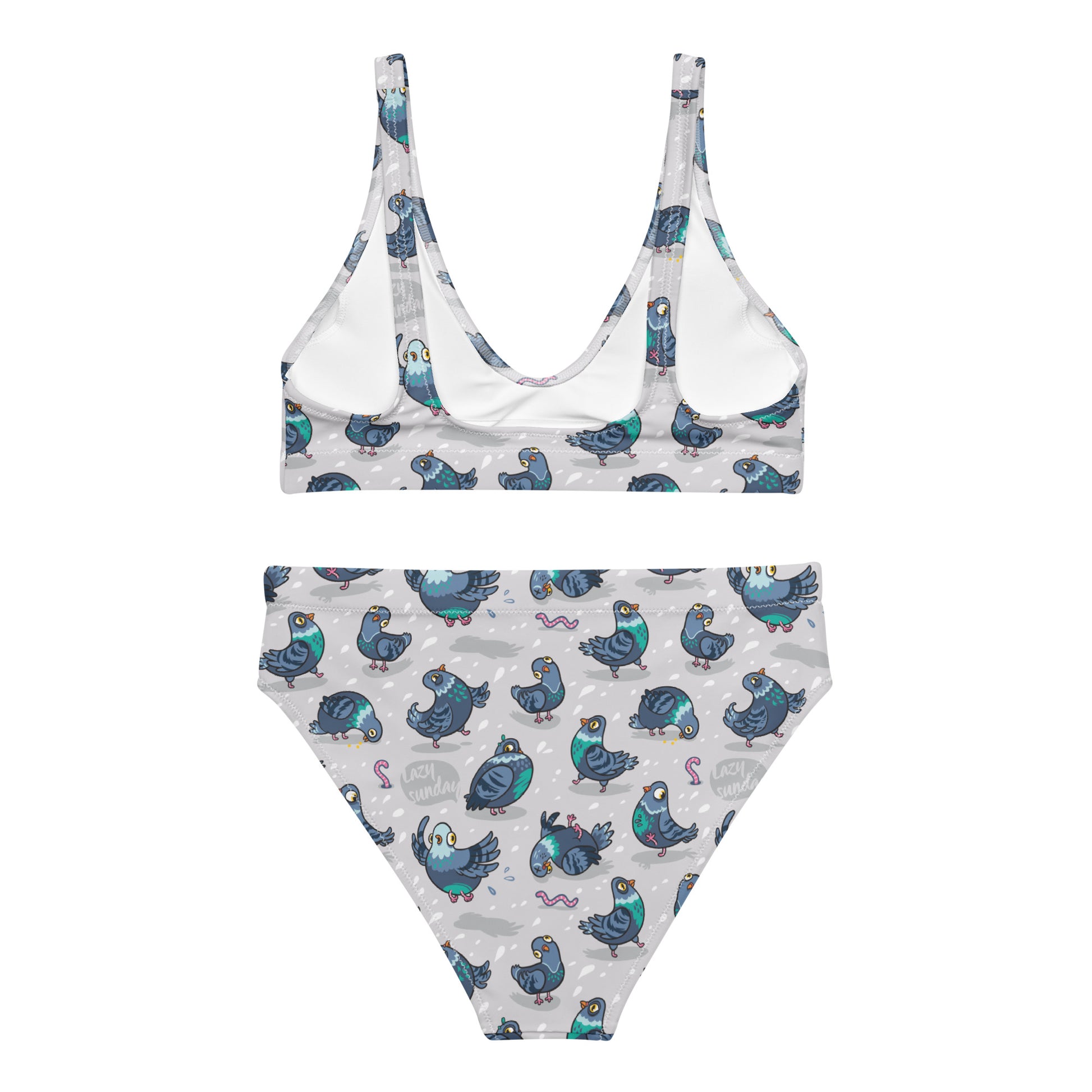 Recycled high-waisted bikini with Silly Pigeons print in white, featuring a full-coverage design and all-over colorful bird pattern.