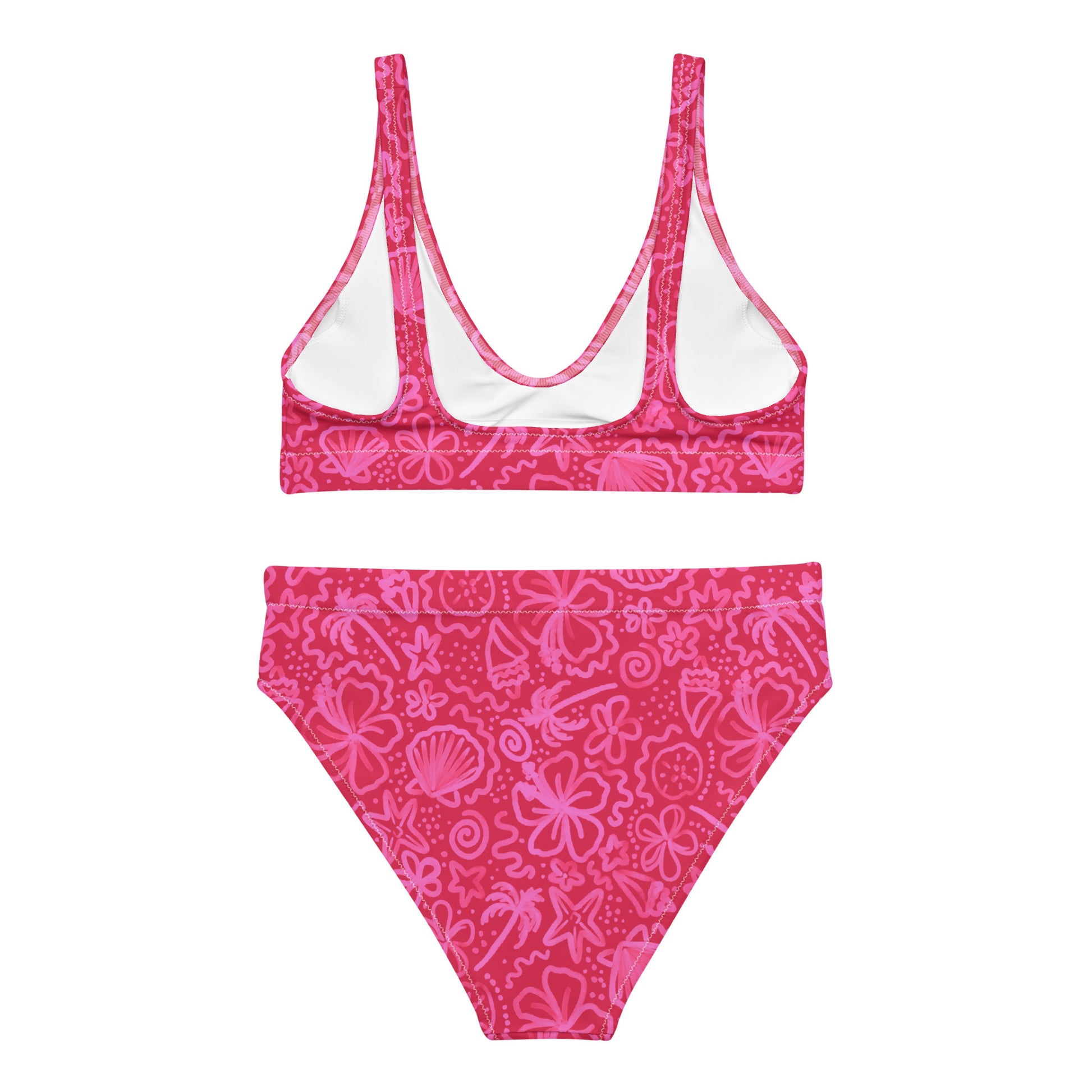Bright pink recycled high-waisted bikini with seaside delight print, shown from the back, by Printful.