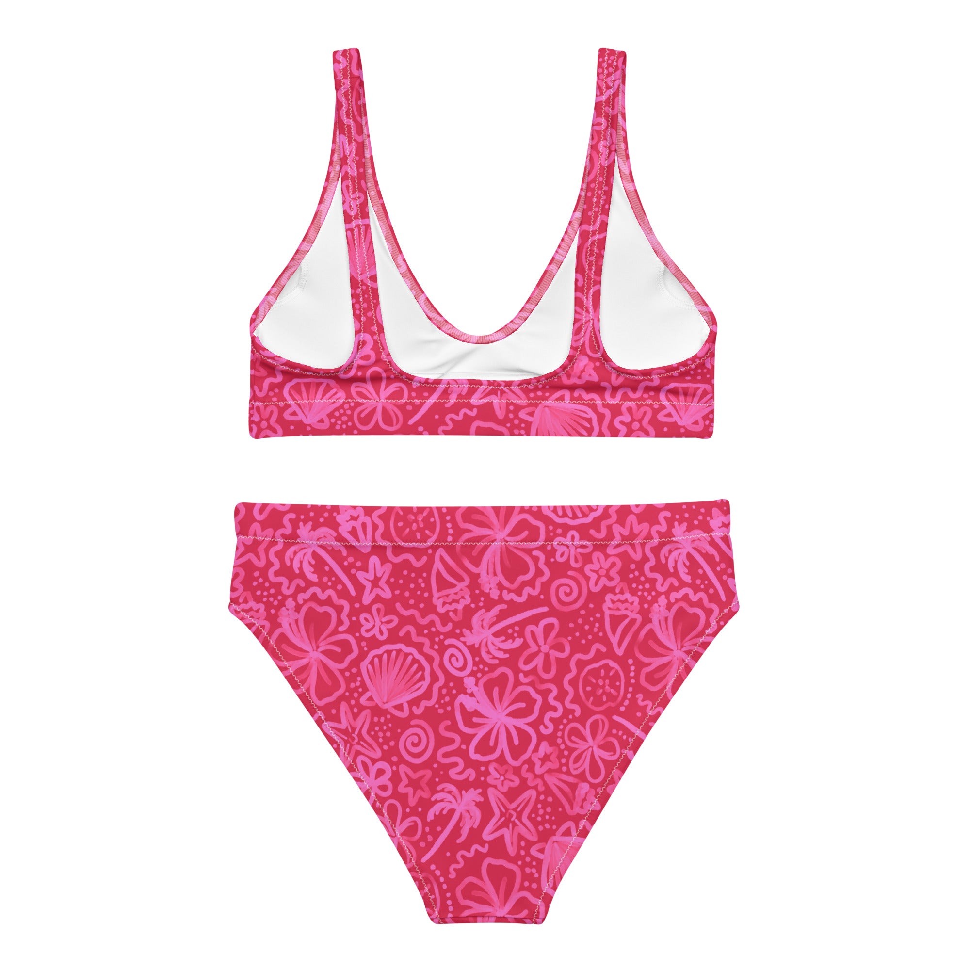 Bright pink recycled high-waisted bikini with seaside delight print, shown from the back, by Printful.
