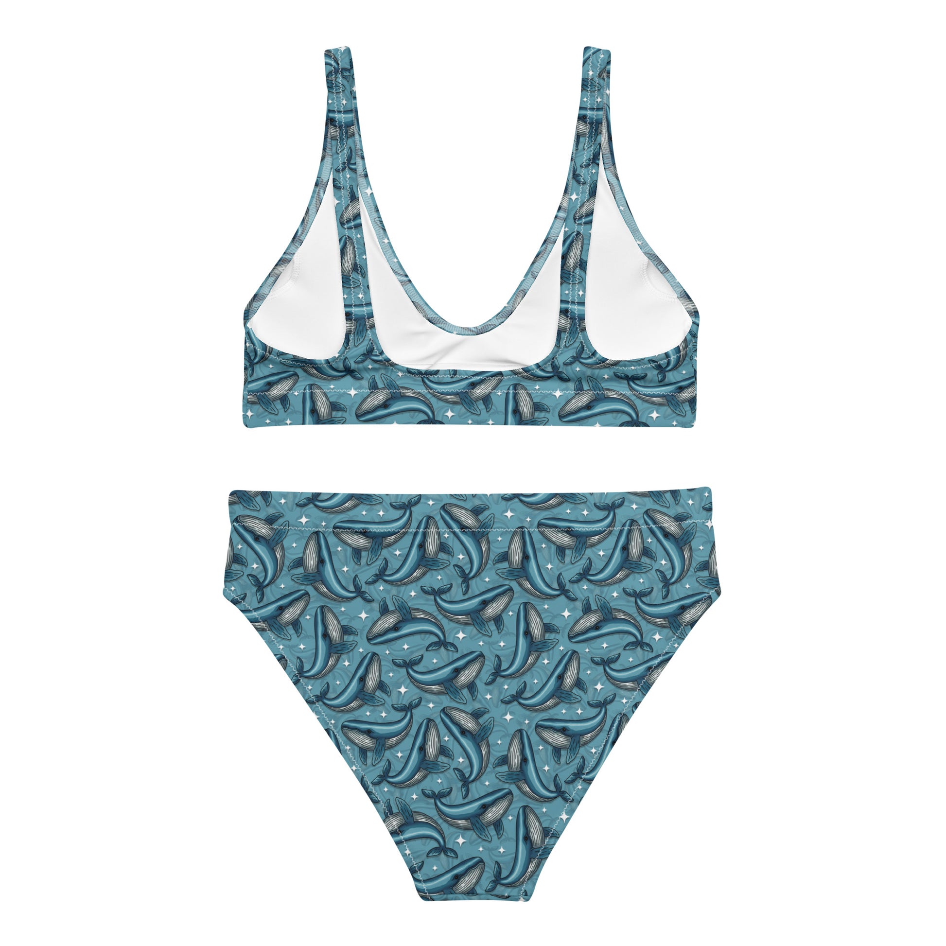 Recycled high-waisted bikini with Winston whale print, featuring all-over white whale design on a white background.