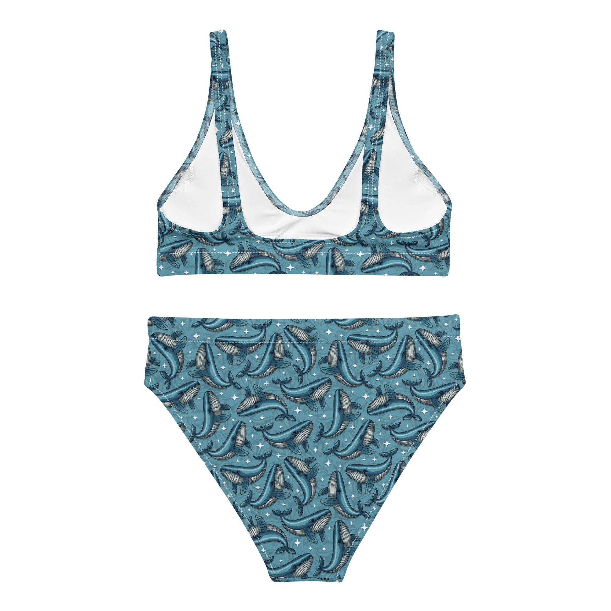 Recycled high-waisted bikini with Winston whale print, featuring all-over white whale design on a white background.