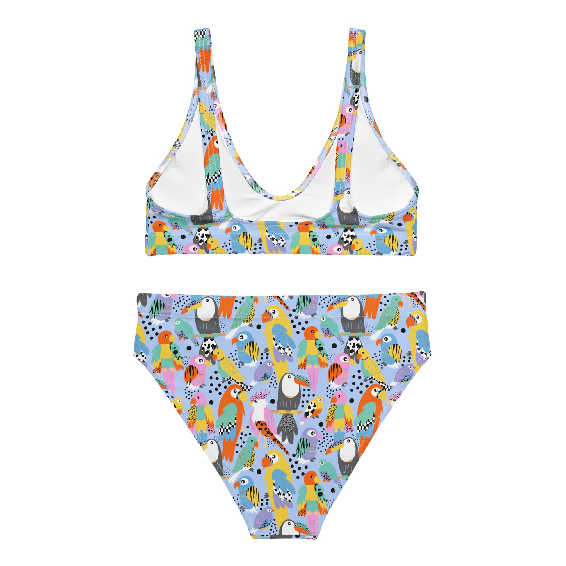Recycled high-waisted bikini with tropical bird print in white, designed by Printful, shown from the back.