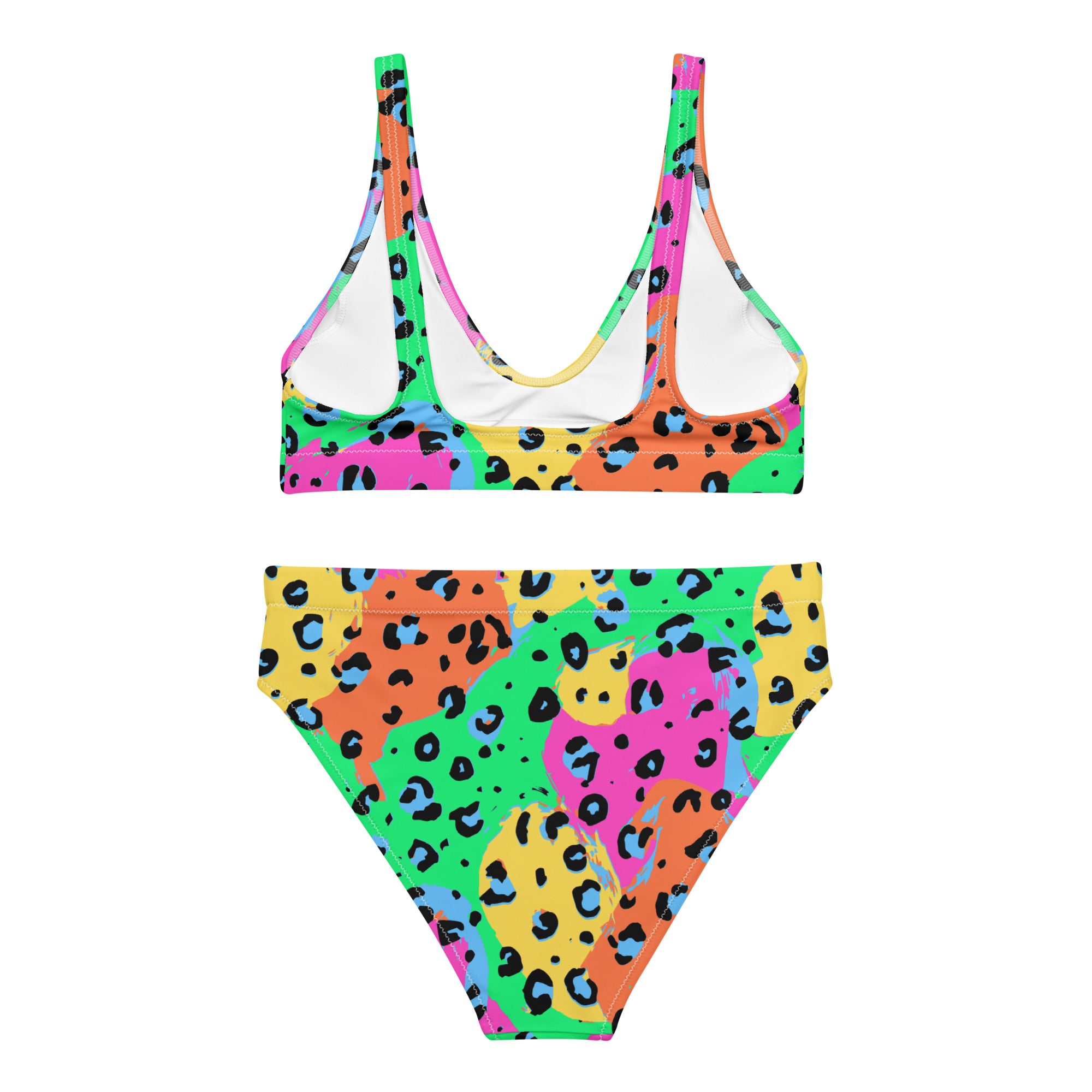 Recycled high-waisted bikini with neon swim safe leopard print in XS-3XL, showing the all-over print design from the back.
