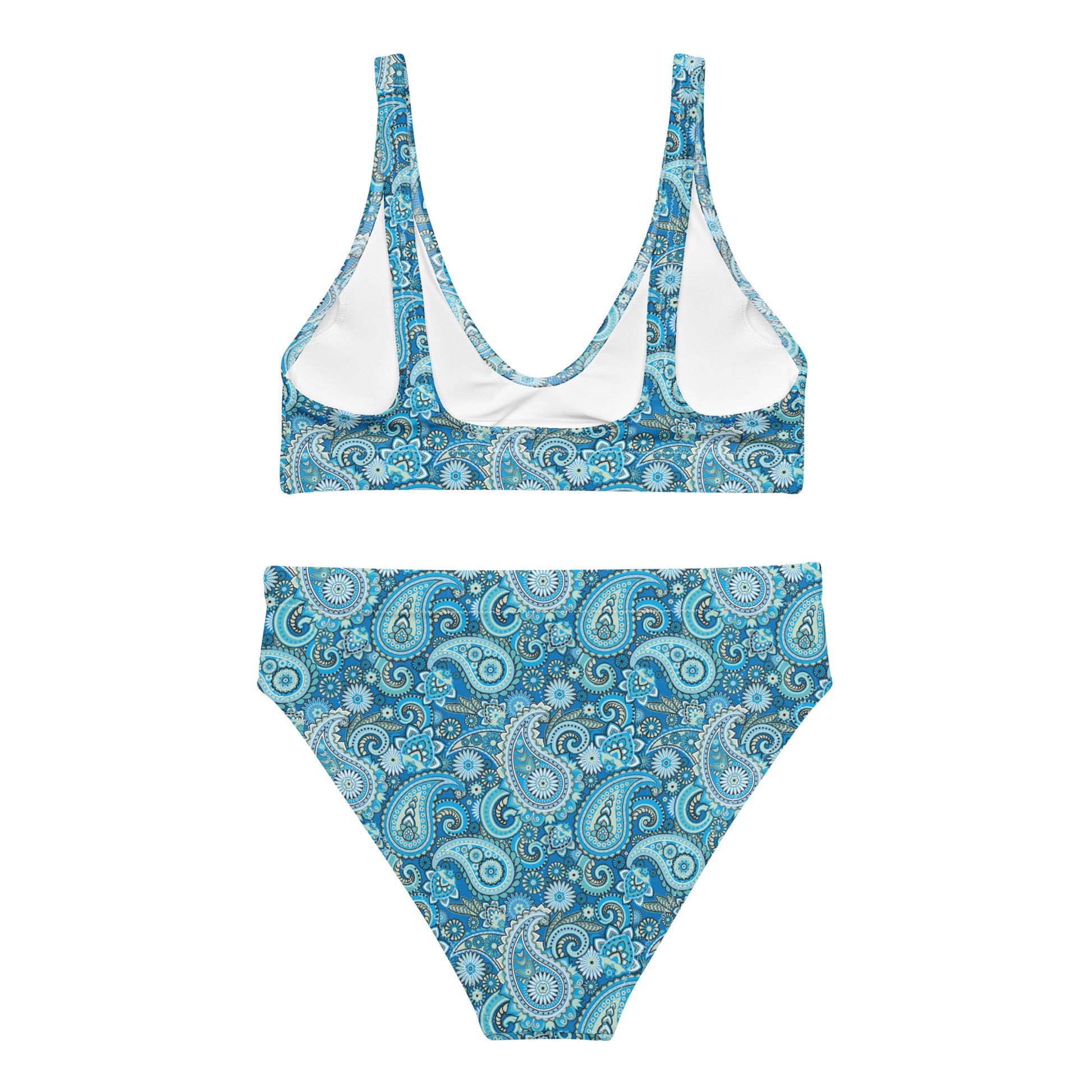 Recycled high-waisted bikini with paisley print, white back, available in XS to 3XL, by Printful.