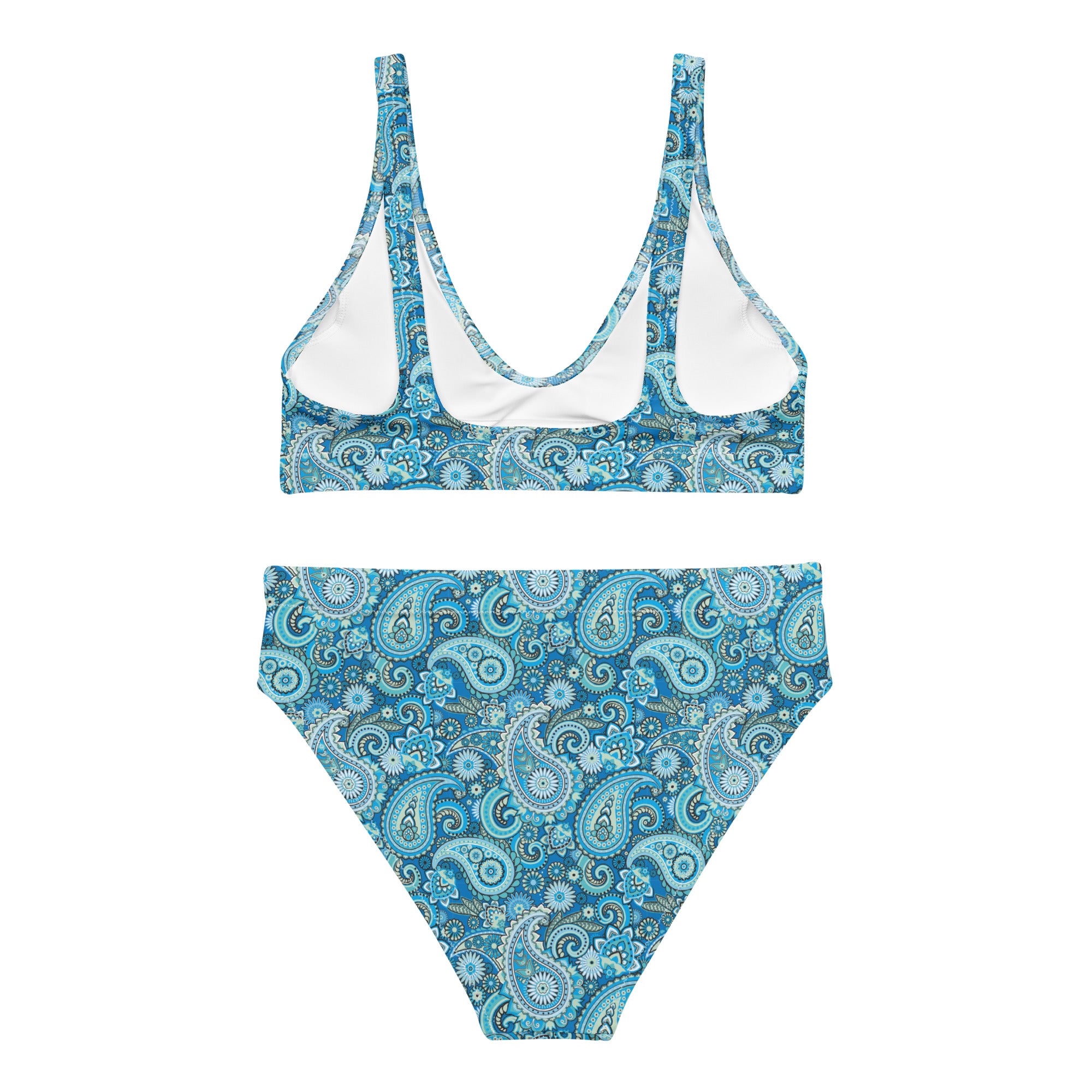Recycled high-waisted bikini with paisley print, white back, available in XS to 3XL, by Printful.
