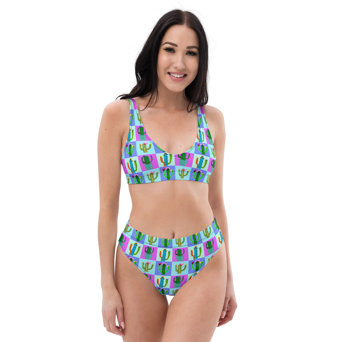 High-waisted bikini set with cactus print in recycled fabric, featuring a white background and all-over vibrant cactus design.
