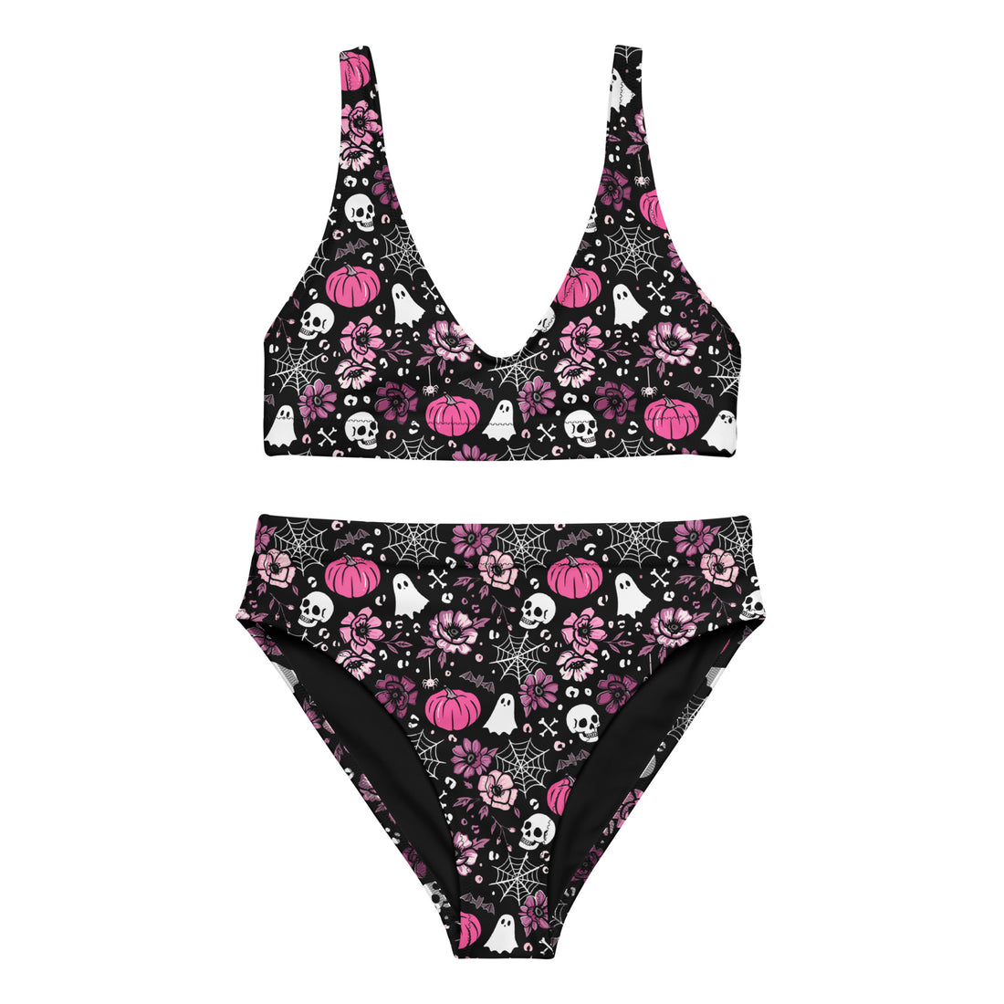 Printful high-waisted bikini in Halloween in Pink recycled swimwear with all-over pink and white print, front view.