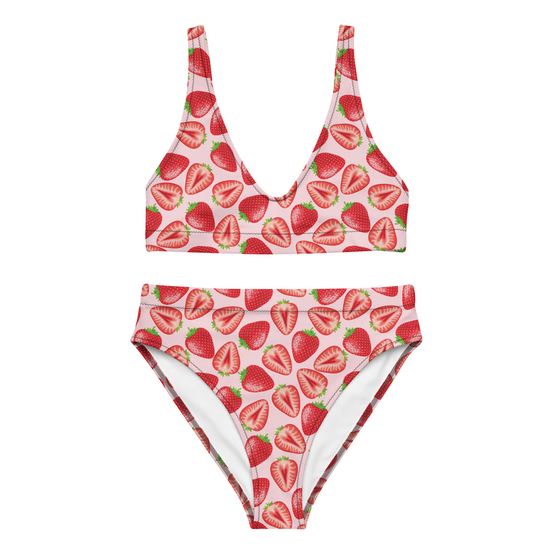 Recycled high-waisted bikini with realistic strawberry print in peach and white, featuring all-over print design by Printful.
