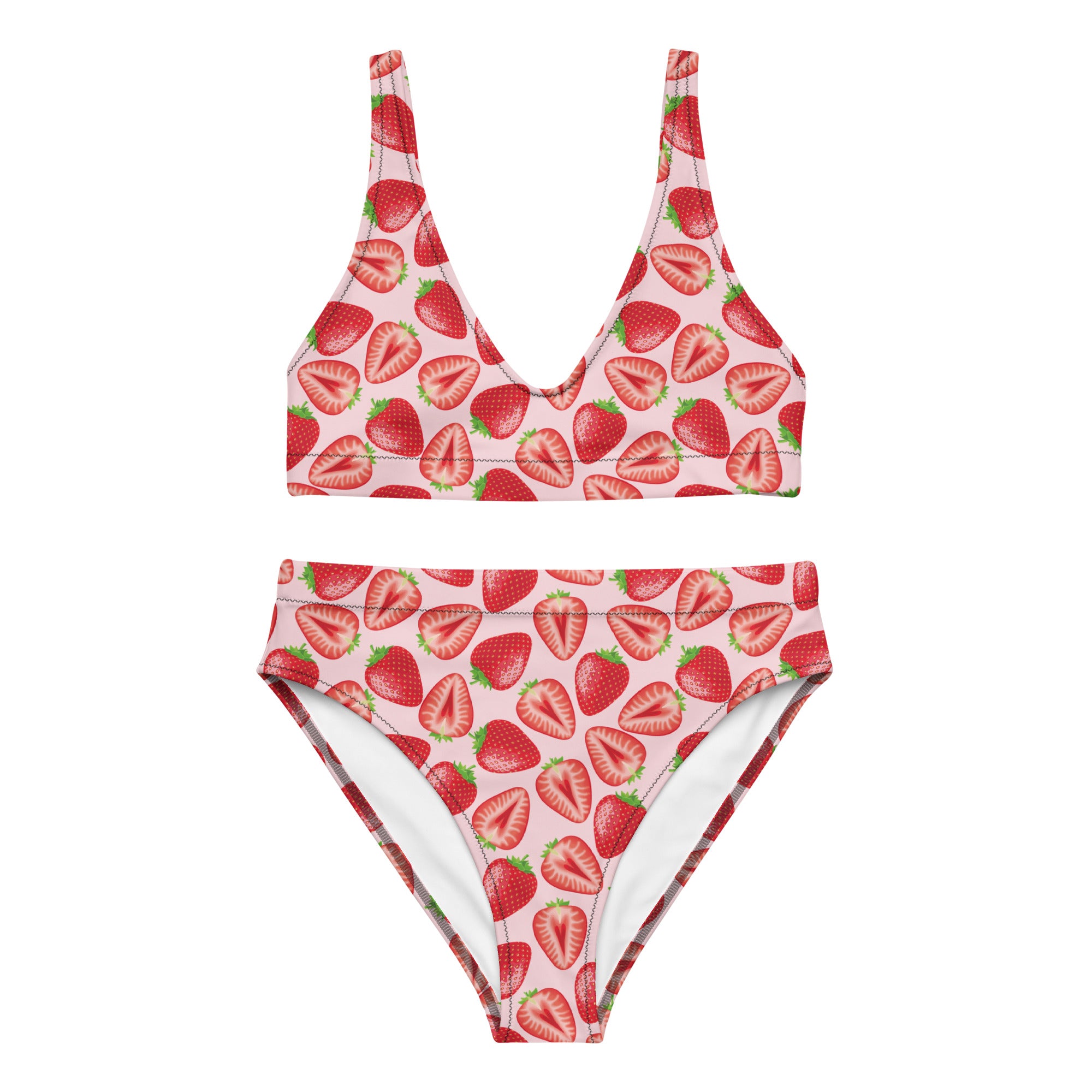 Recycled high-waisted bikini with realistic strawberry print in peach and white, featuring all-over print design by Printful.