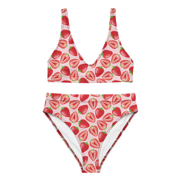 Recycled high-waisted bikini with realistic strawberry print in peach and white, featuring all-over print design by Printful.
