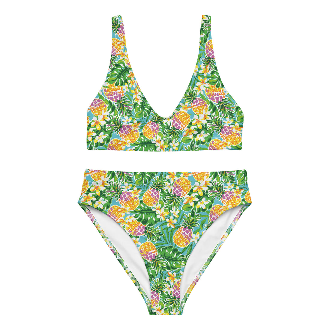 Recycled high-waisted bikini with pineapple and flower print in green, featuring a white background, front view, all-over pattern.