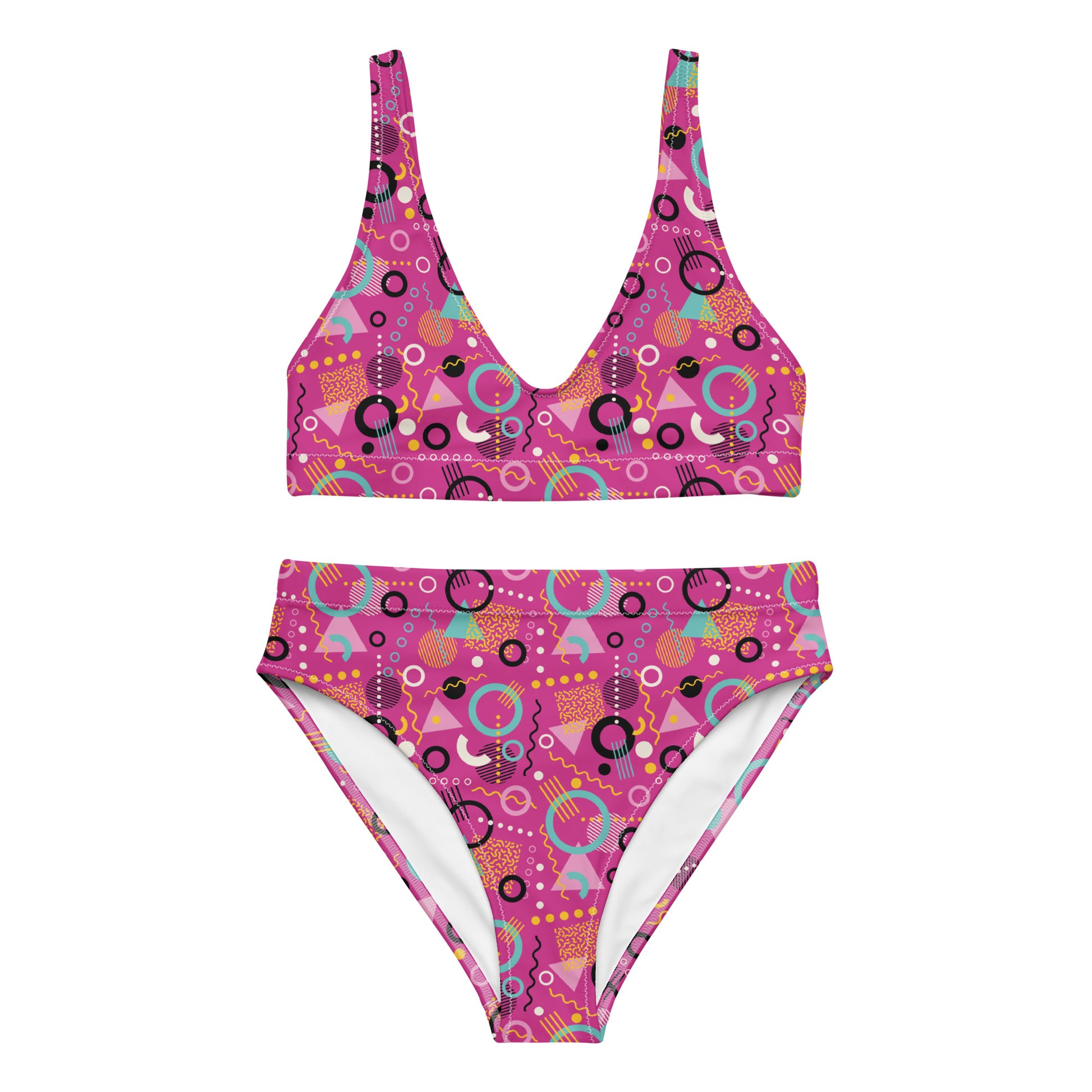 Recycled high-waisted bikini with 90s geometric print in hot pink and white, featuring a flattering high-rise fit and bold design.