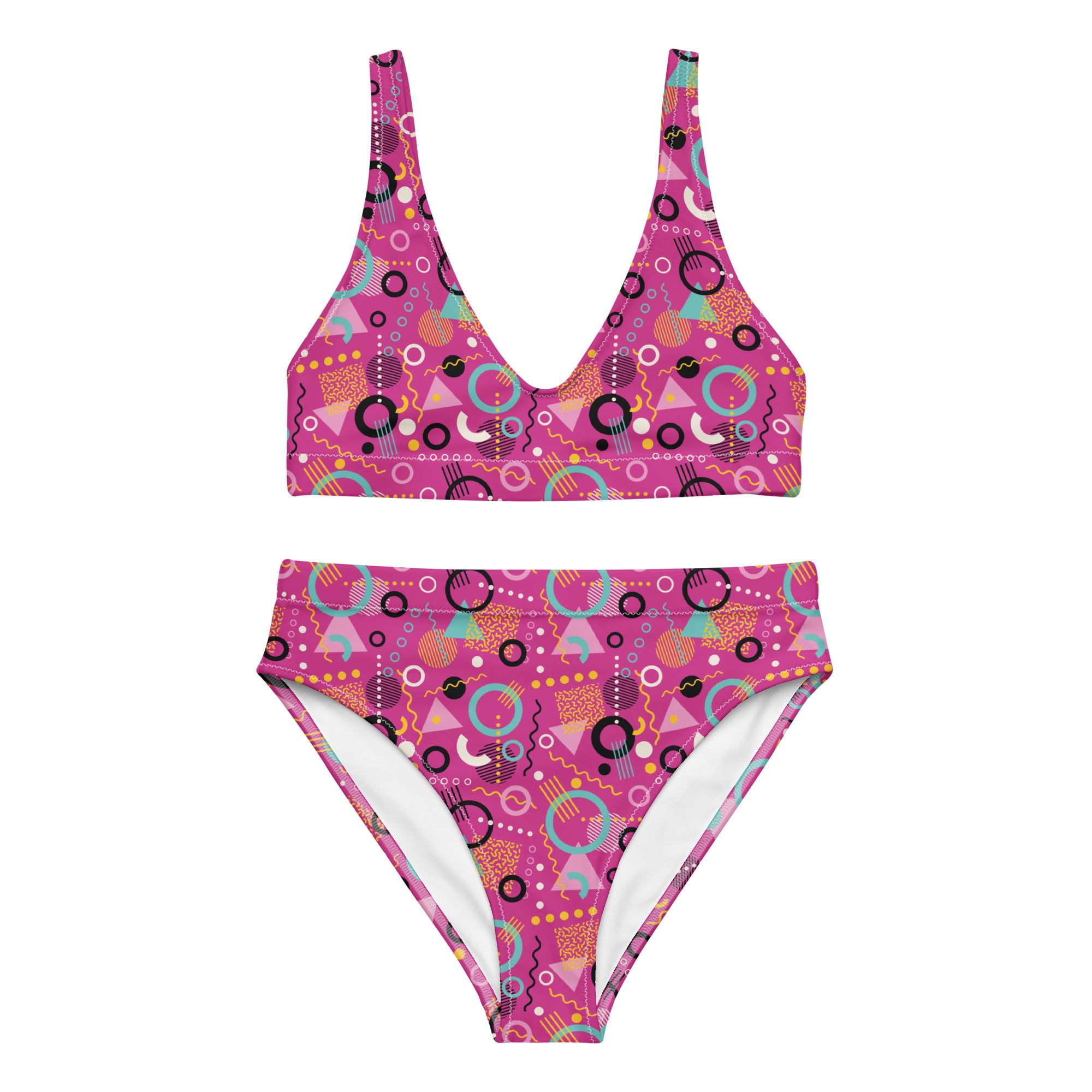 Recycled high-waisted bikini with 90s geometric print in hot pink and white, featuring a flattering high-rise fit and bold design.