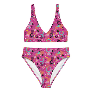 Recycled high-waisted bikini with 90s geometric print in hot pink and white, featuring a flattering high-rise fit and bold design.