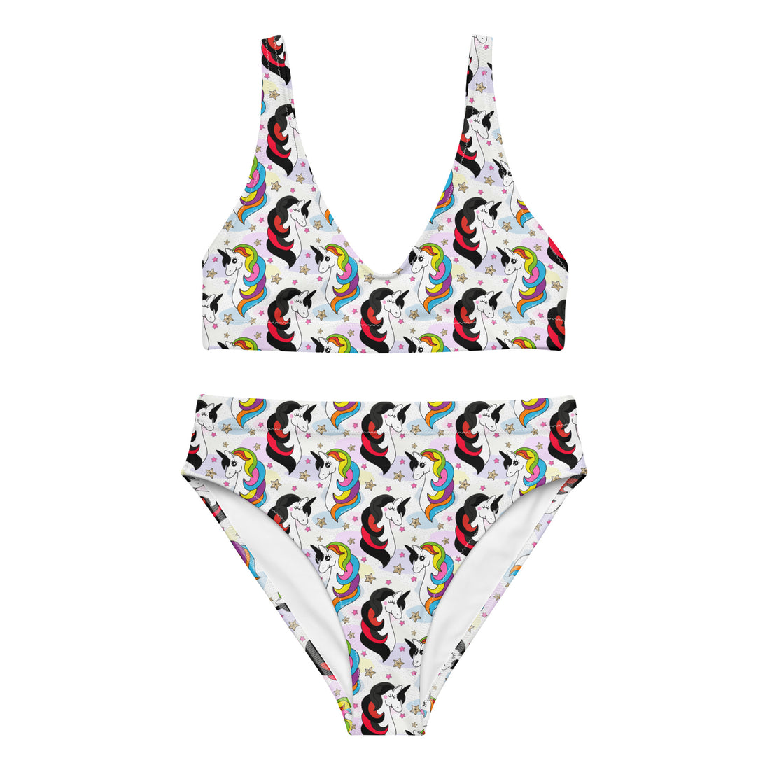 Recycled high-waisted bikini with unicorn print in white, featuring a front view, available in XS to 3XL, by Printful.