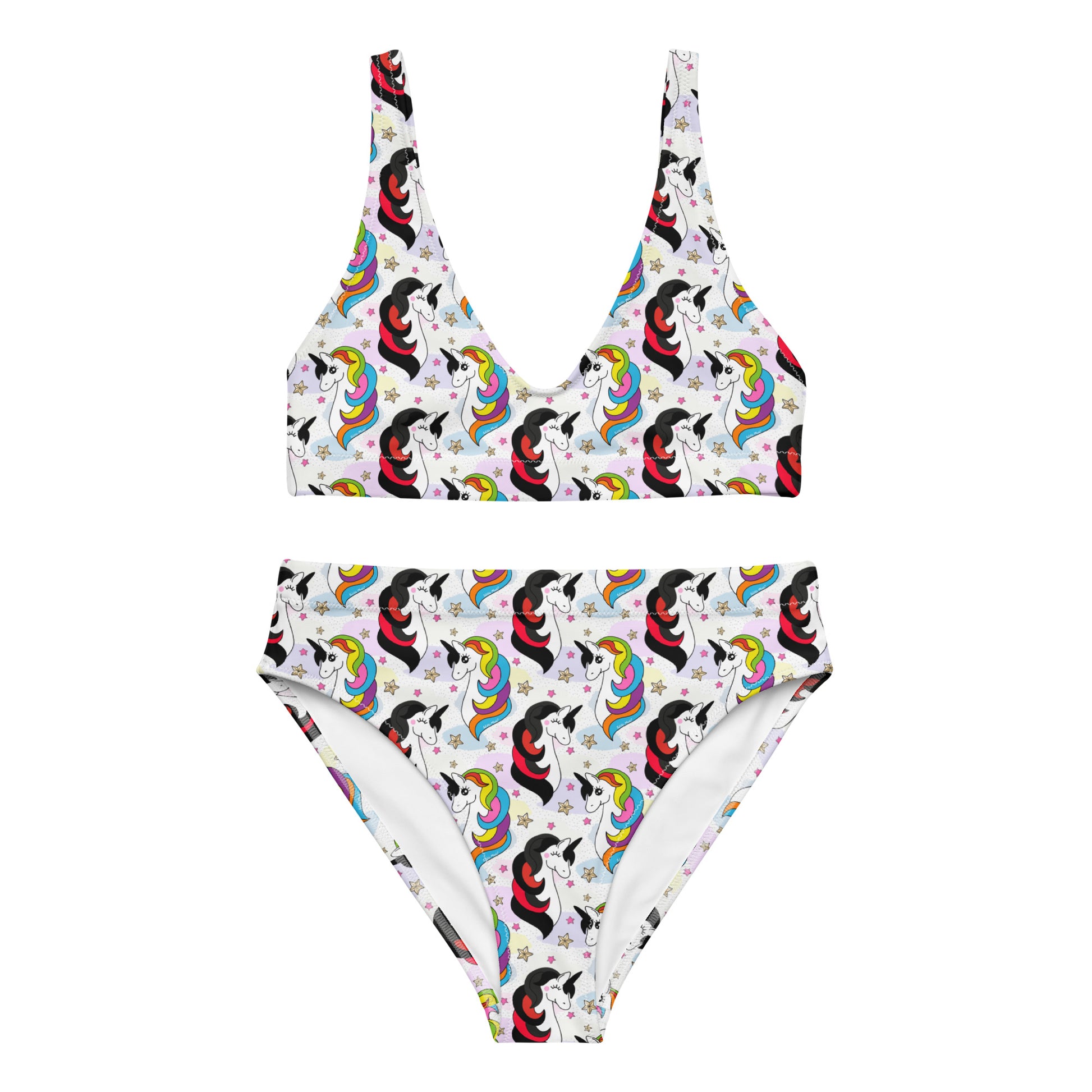 Recycled high-waisted bikini with unicorn print in white, featuring a front view, available in XS to 3XL, by Printful.