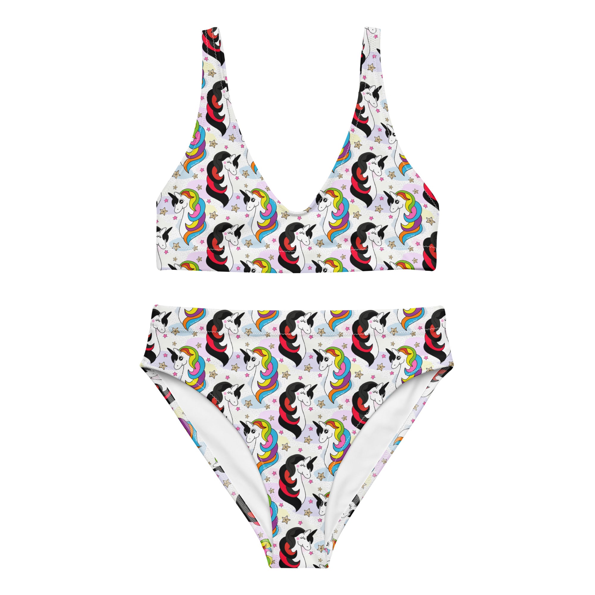 Recycled high-waisted bikini with unicorn print in white, featuring a front view, available in XS to 3XL, by Printful.
