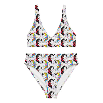 Recycled high-waisted bikini with unicorn print in white, featuring a front view, available in XS to 3XL, by Printful.