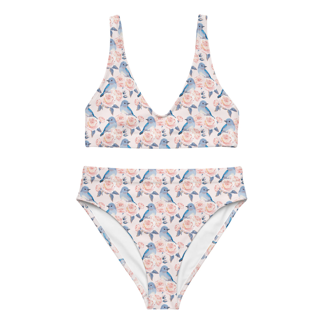 Recycled high-waisted bikini in bluebird and rose print with peach accents, featuring a white front design from Printful.