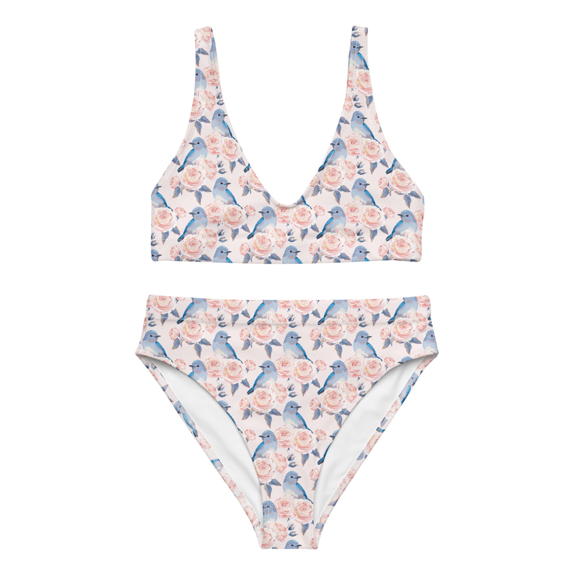 Recycled high-waisted bikini in bluebird and rose print with peach accents, featuring a white front design from Printful.