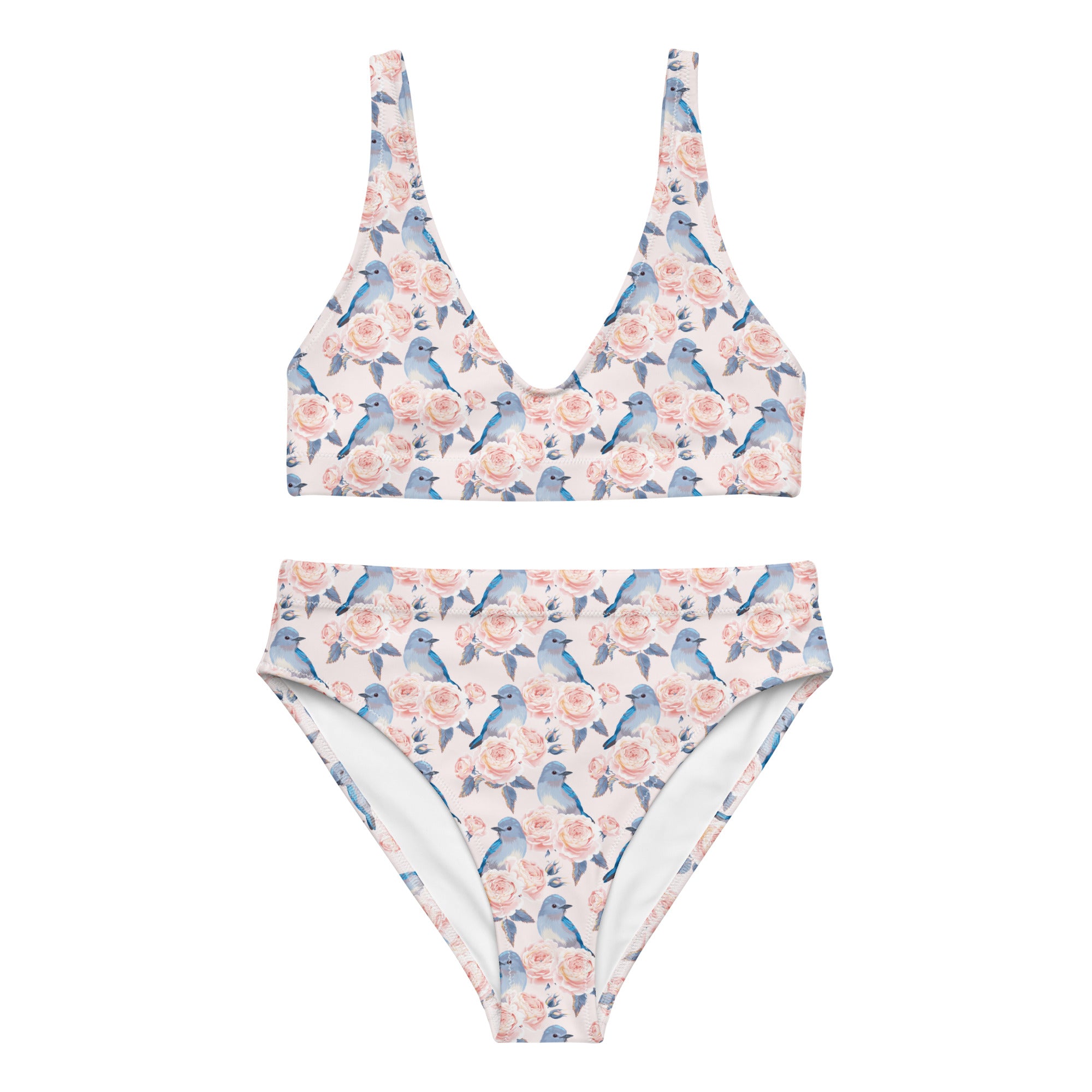 Recycled high-waisted bikini in bluebird and rose print with peach accents, featuring a white front design from Printful.