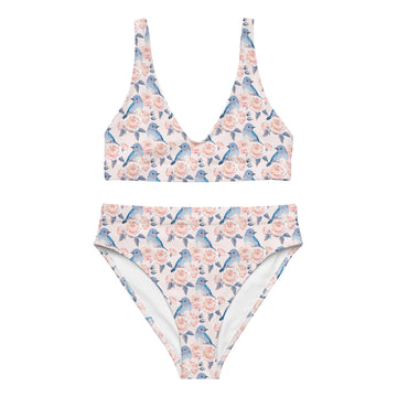Recycled high-waisted bikini in bluebird and rose print with peach accents, featuring a white front design from Printful.