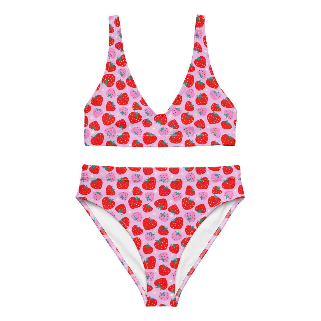 Pink strawberry print recycled high-waisted bikini from Printful, front view showing all-over pattern and high-rise fit.
