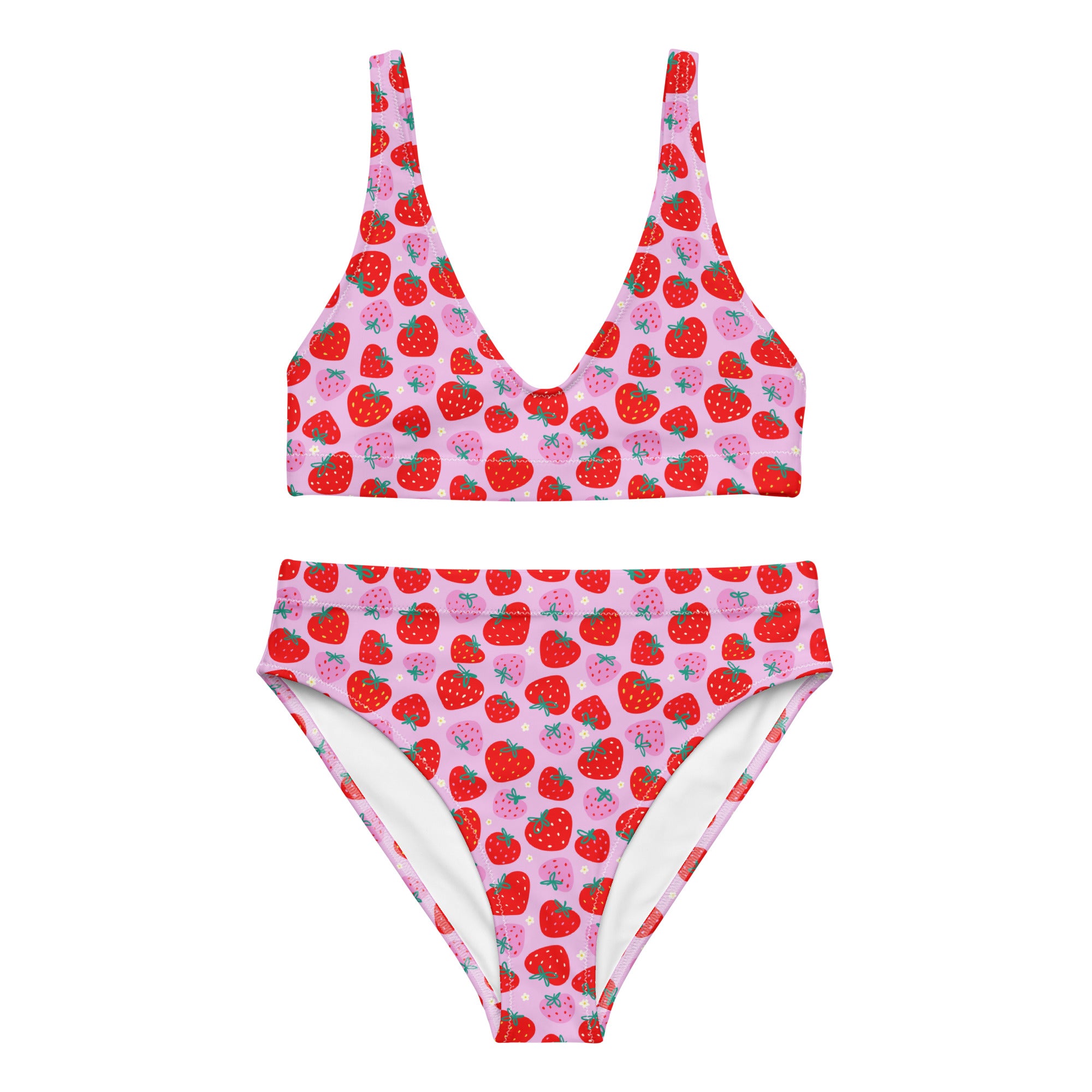 Pink strawberry print recycled high-waisted bikini from Printful, front view showing all-over pattern and high-rise fit.