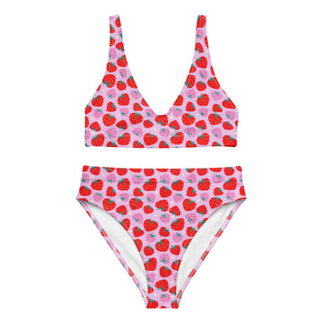 Pink strawberry print recycled high-waisted bikini from Printful, front view showing all-over pattern and high-rise fit.