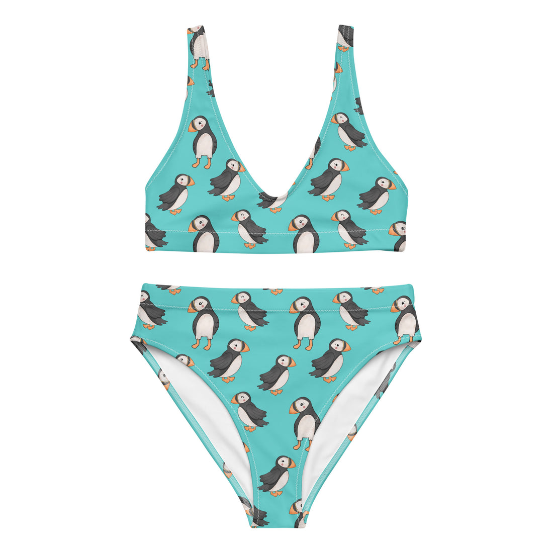 Recycled high-waisted bikini with puffin print in electric blue, front view showing all-over bird pattern, size XS to 3XL.
