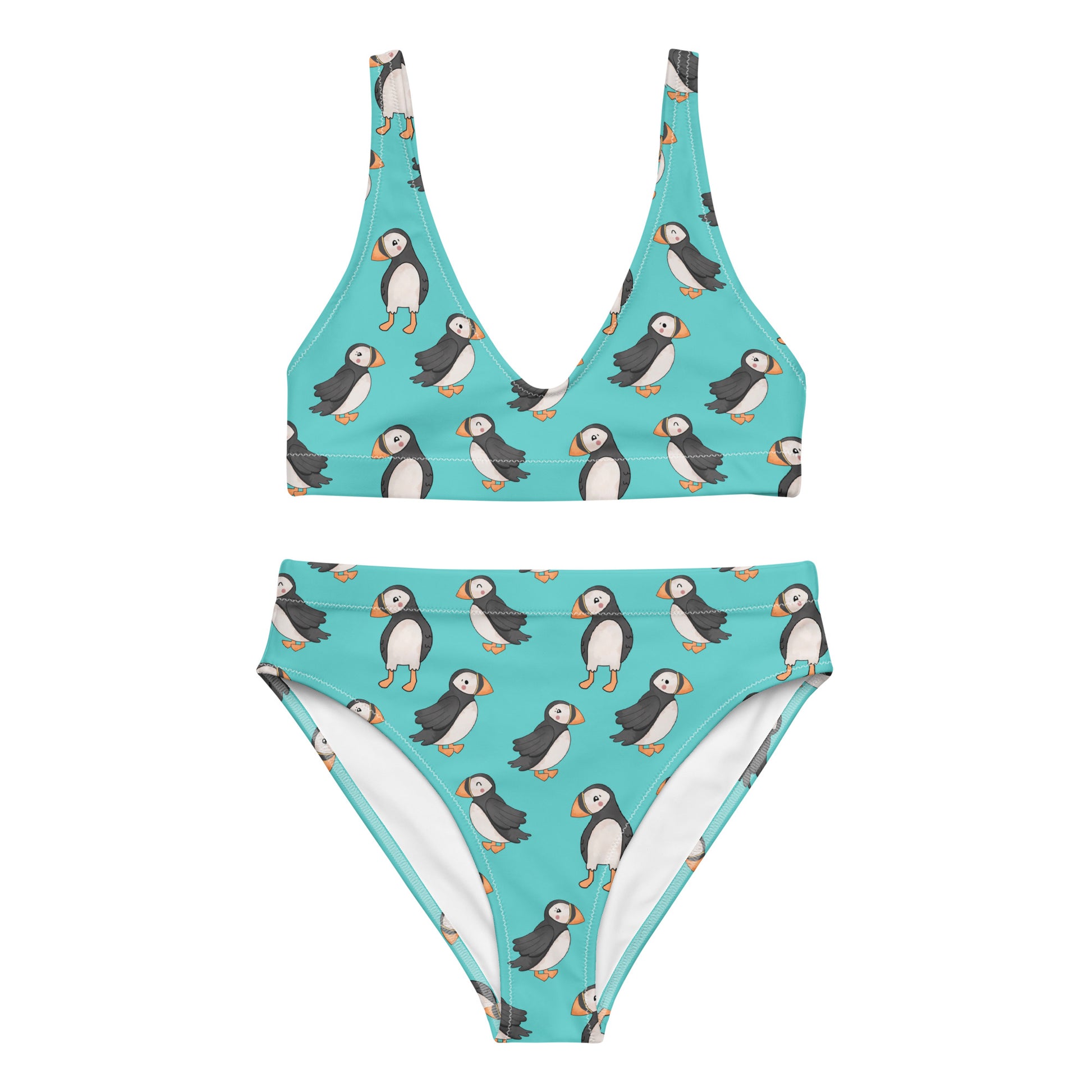 Recycled high-waisted bikini with puffin print in electric blue, front view showing all-over bird pattern, size XS to 3XL.