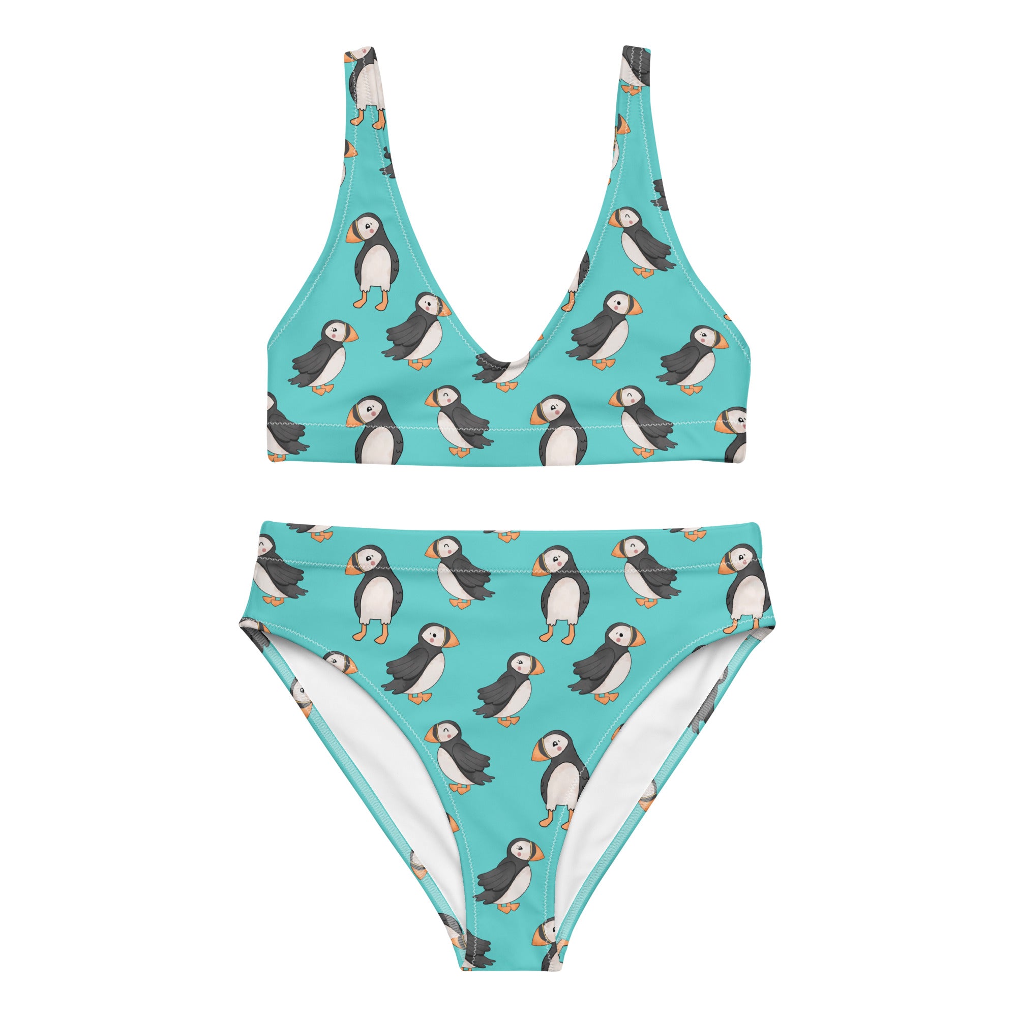 Recycled high-waisted bikini with puffin print in electric blue, front view showing all-over bird pattern, size XS to 3XL.