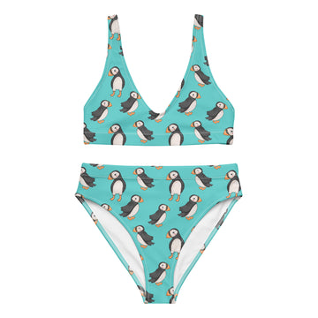 Recycled high-waisted bikini with puffin print in electric blue, front view showing all-over bird pattern, size XS to 3XL.