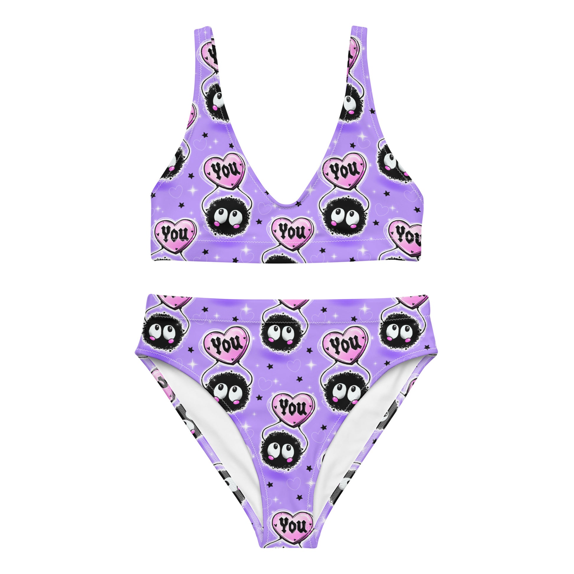Recycled high-waisted bikini by Printful with love bugs heart print in lilac and white, front view showing all-over design.