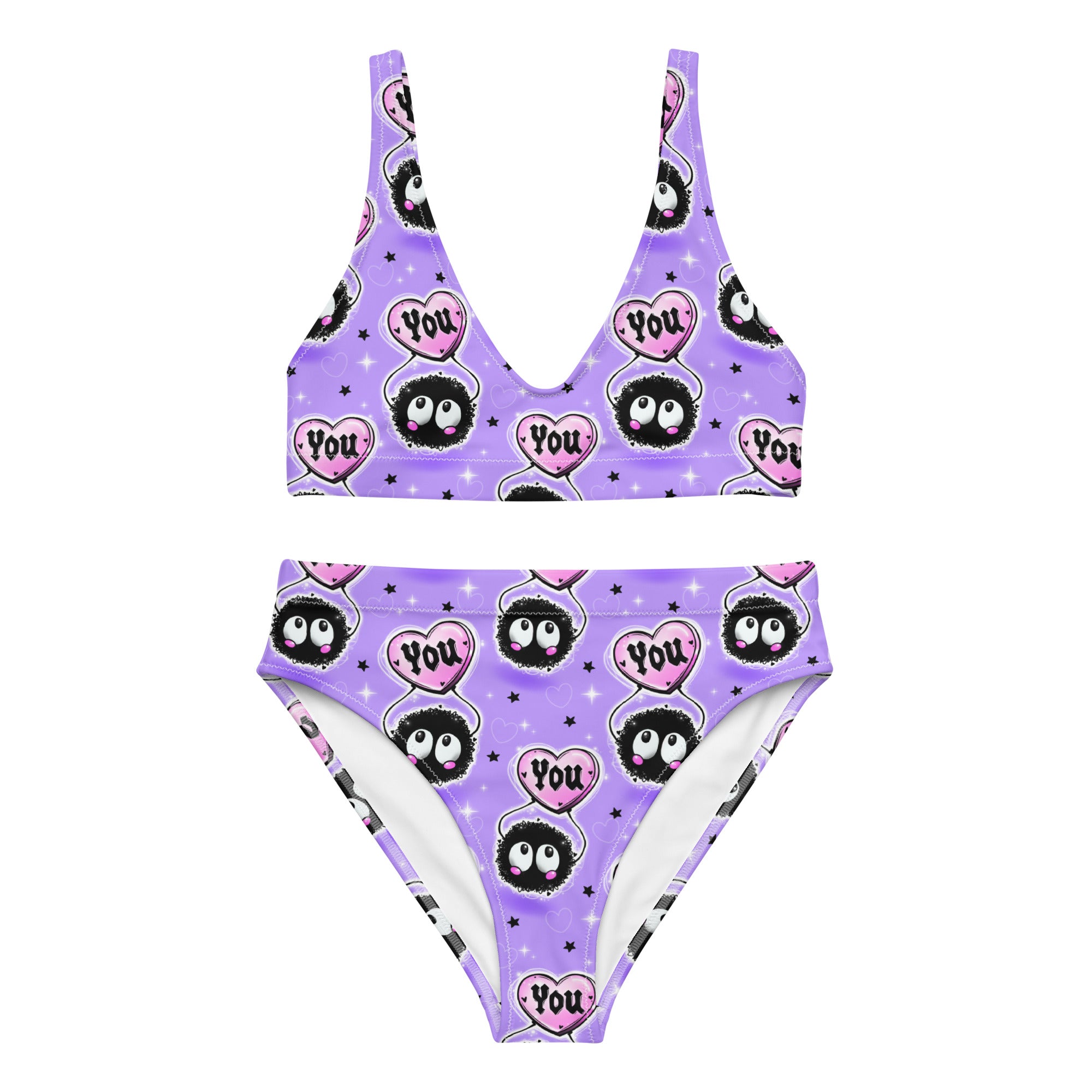 Recycled high-waisted bikini by Printful with love bugs heart print in lilac and white, front view showing all-over design.