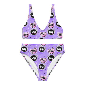 Recycled high-waisted bikini by Printful with love bugs heart print in lilac and white, front view showing all-over design.