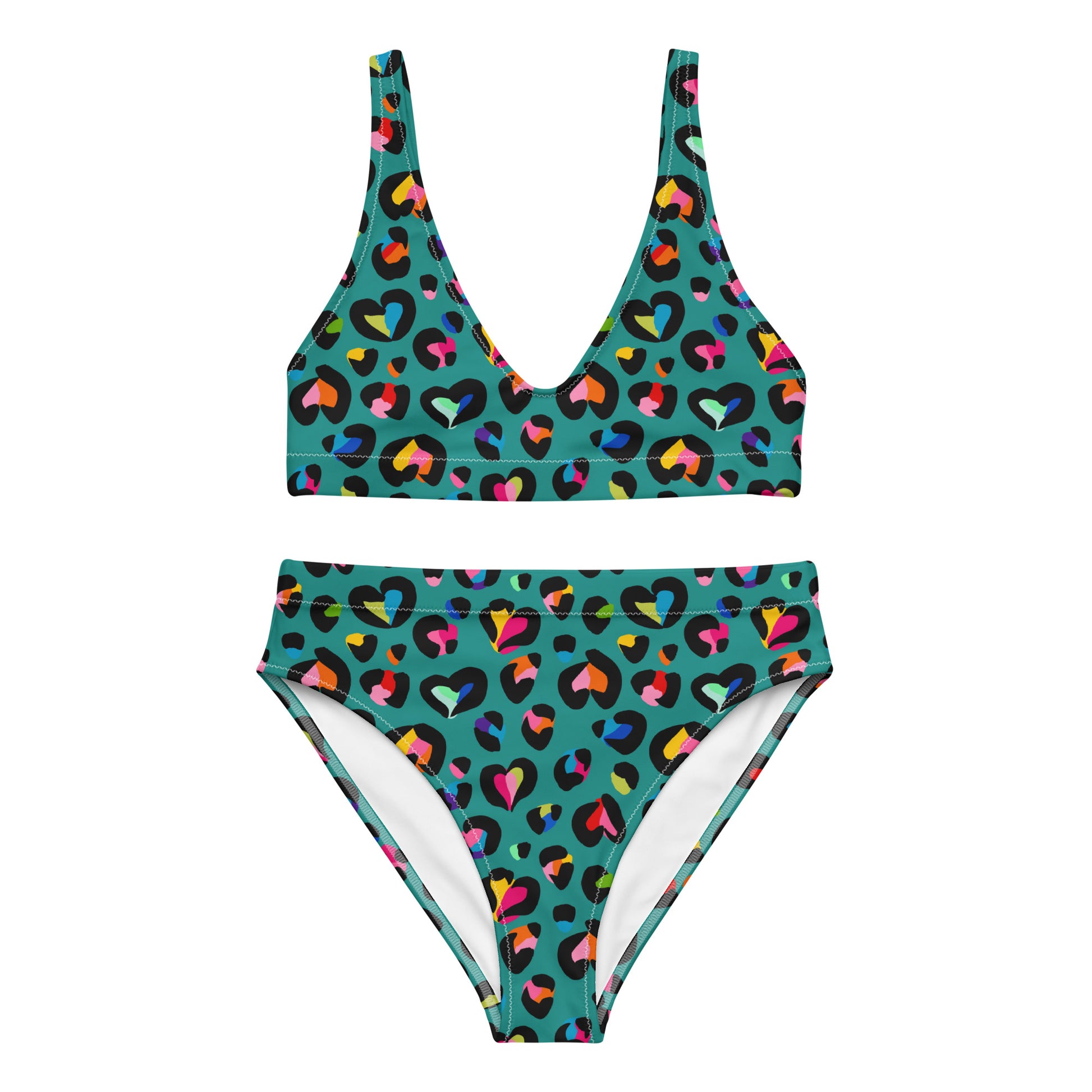 Recycled high-waisted bikini with rainbow leopard print in green, featuring a front view on a white background.