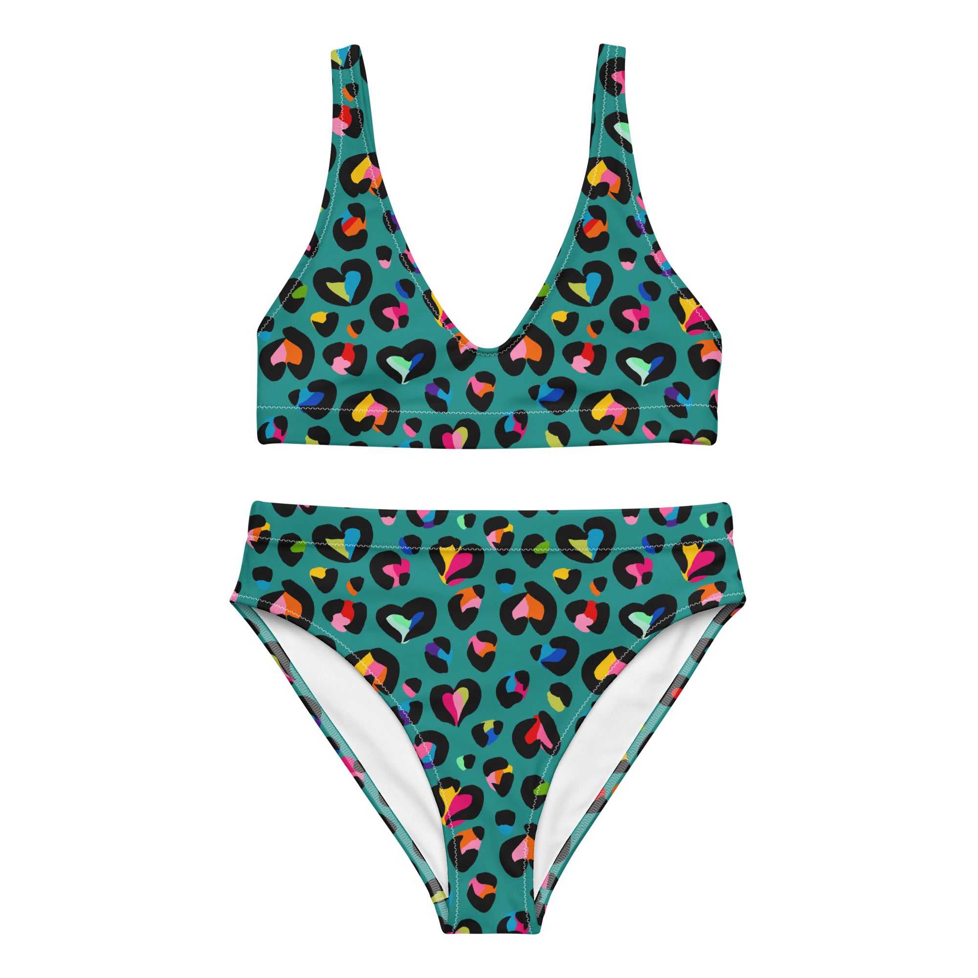 Recycled high-waisted bikini with rainbow leopard print in green, featuring a front view on a white background.