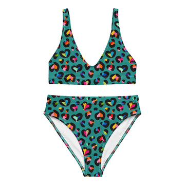 Recycled high-waisted bikini with rainbow leopard print in green, featuring a front view on a white background.