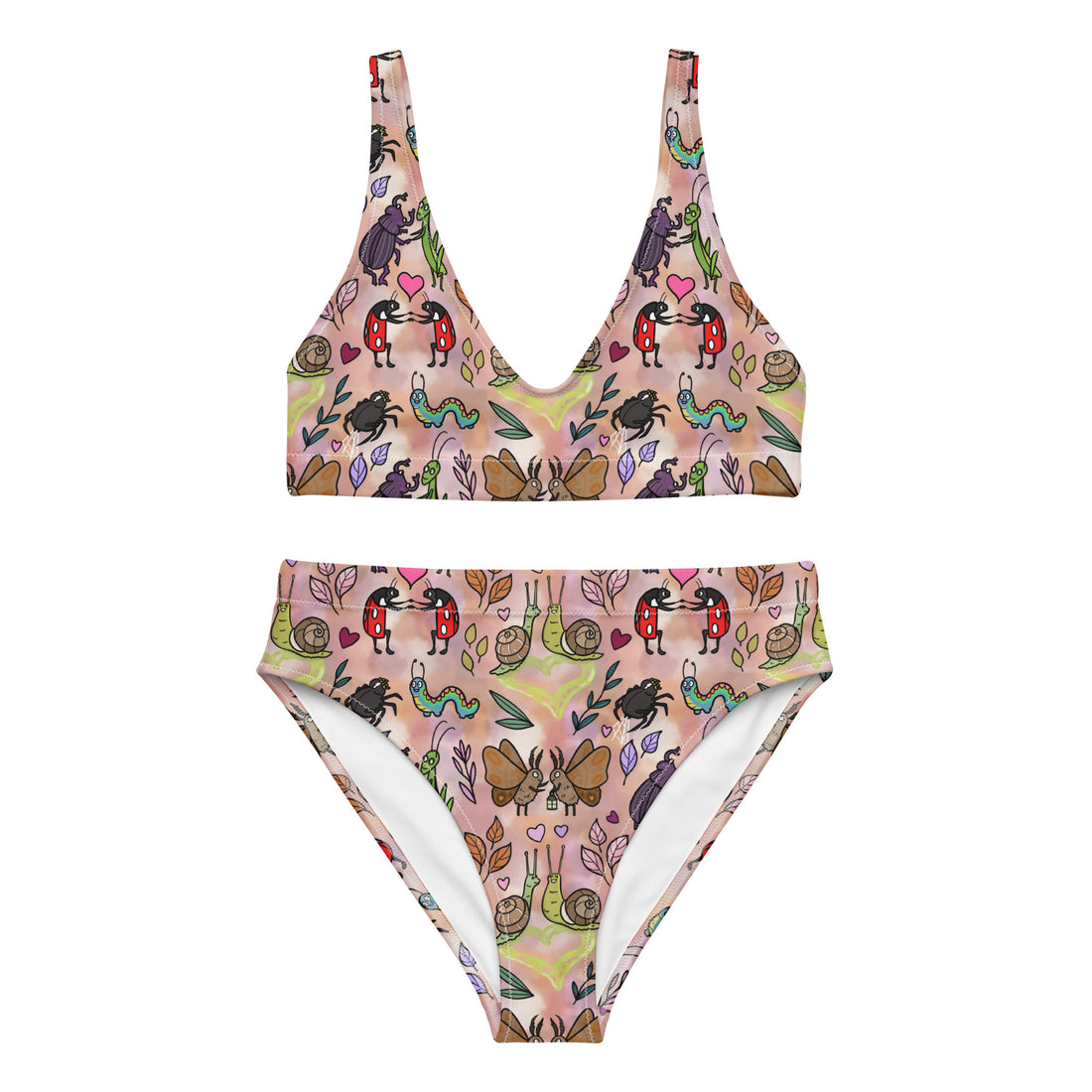 Recycled high-waisted bikini with love bugs print in beige, featuring a white front design, available in XS to 3XL.