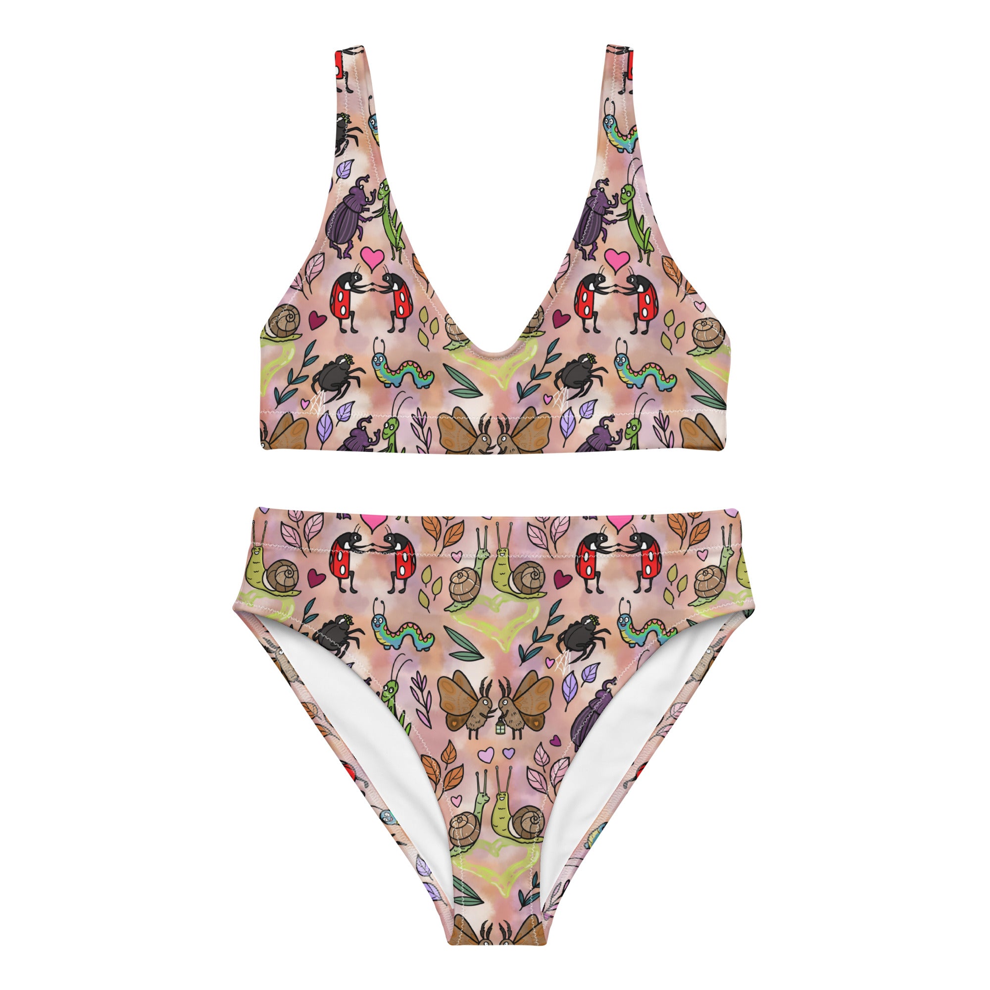 Recycled high-waisted bikini with love bugs print in beige, featuring a white front design, available in XS to 3XL.