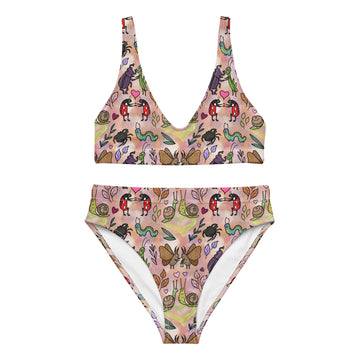 Recycled high-waisted bikini with love bugs print in beige, featuring a white front design, available in XS to 3XL.