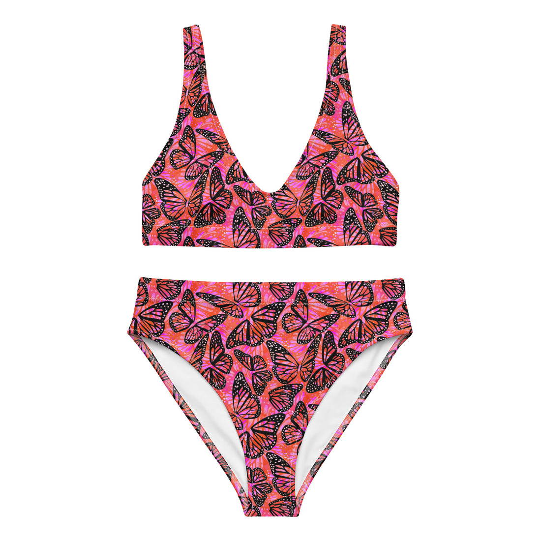 Recycled high-waisted bikini with pink and orange butterfly print, front view, ideal for eco-friendly swimwear fashion.