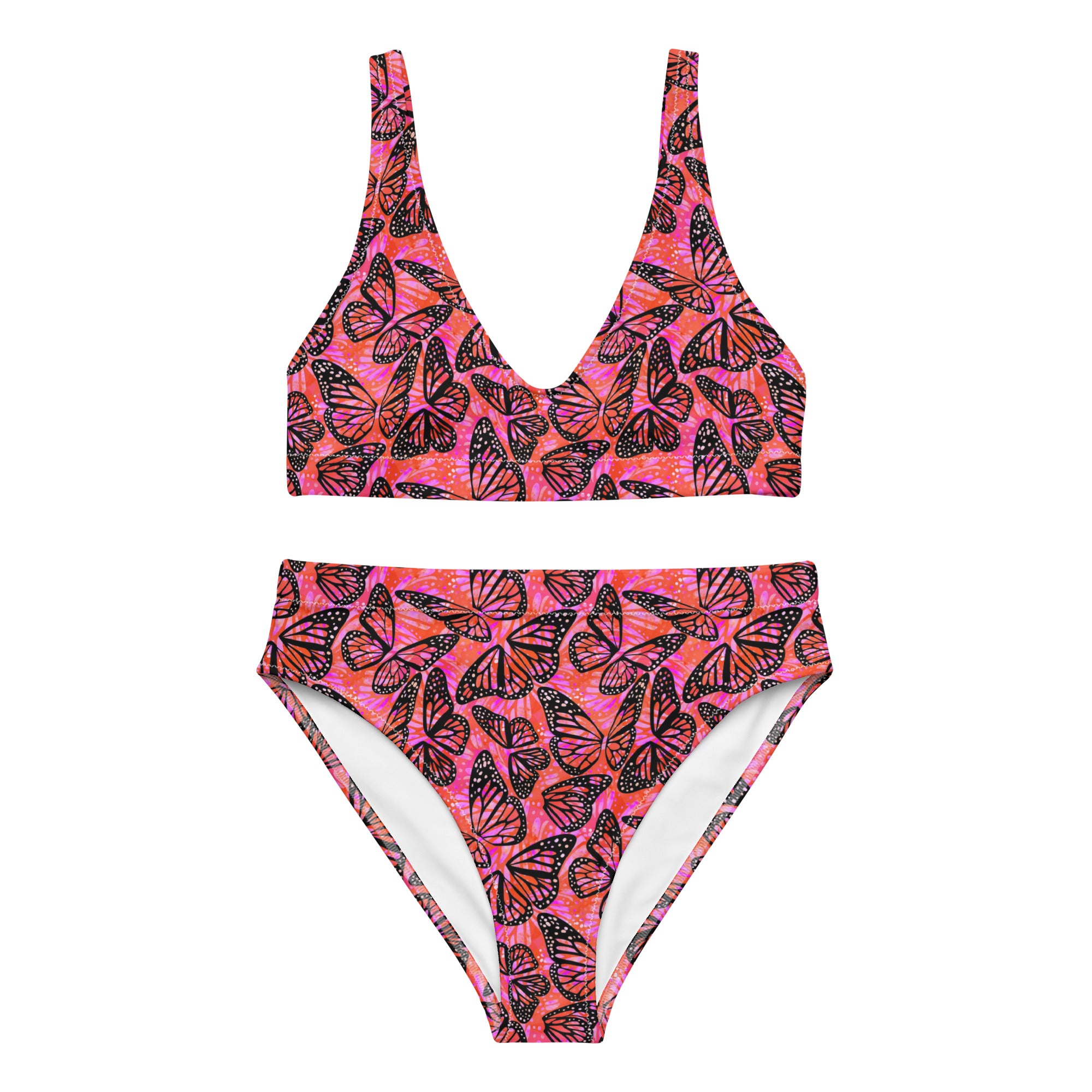 Recycled high-waisted bikini with pink and orange butterfly print, front view, ideal for eco-friendly swimwear fashion.